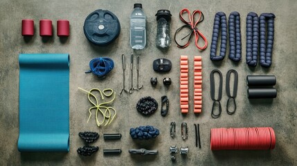An array of sports gear laid out neatly, featuring weights, a yoga mat, resistance bands, and a water bottle, perfect for promoting fitness and healthy lifestyles.