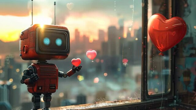 A robot holding a heart in front of a window. The robot is red and has blue eyes. The heart is red and floating in the air. The scene is set in a city with a rainy day