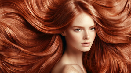 Naklejka premium Modell con capelli lunghi e vibranti, con un'acconciatura sana e lucente. Ritratto di moda di una bellissima modella in un ambiente da studio. Pubblicità parrucchiere.