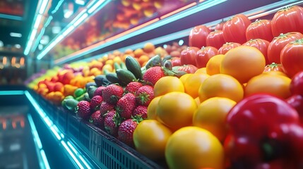 Vibrant Holographic Produce Stand in Futuristic Indoor Market