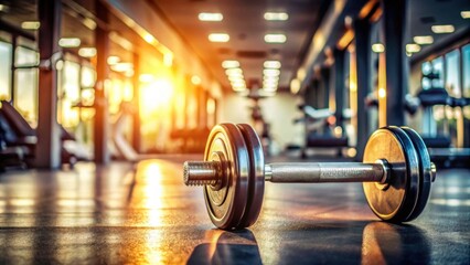 Fototapeta premium Dumbbell on gym floor with blurred equipment in background, under warm lighting , fitness, exercise, gym, weightlifting
