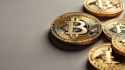 Stack of golden bitcoin cryptocurrency coins on light gray background