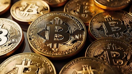 Close up of shiny bitcoin cryptocurrency coins in a stack