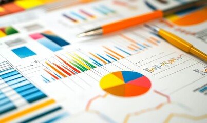 Colorful charts, graphs, and pens on a white table.