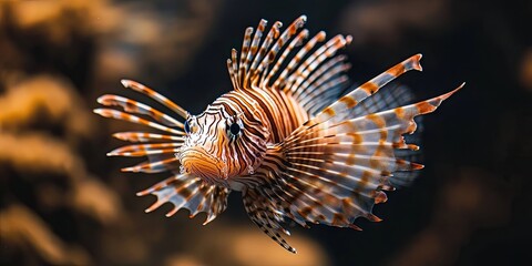 Striped Lionfish Swimming in Coral Reef