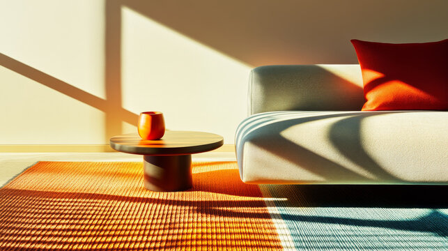 A modern living room scene featuring stylish sofa with red accent pillow, round wooden coffee table, and vibrant area rug. warm sunlight casts beautiful shadows, creating cozy atmosphere