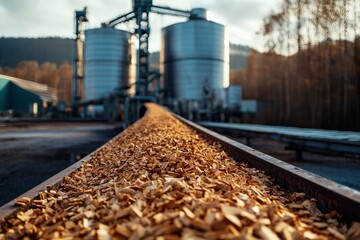 Wood Chips Moving Along a Conveyor Belt at a Wood Processing Plant