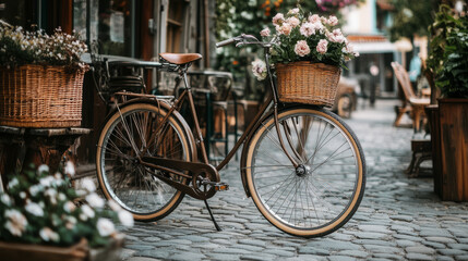 A vintage bicycle is parked in front of a cozy coffee shop, with a wicker basket full of fresh flowers on the handlebars, and a cobblestone road in the background.