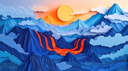 Aerial perspective of lava cascading down a mountain ridge showcasing a river of molten rock flowing from volcanic craters
