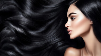 Fototapeta premium Modell con capelli lunghi e vibranti, con un'acconciatura sana e lucente. Ritratto di moda di una bellissima modella in un ambiente da studio. Pubblicità parrucchiere.