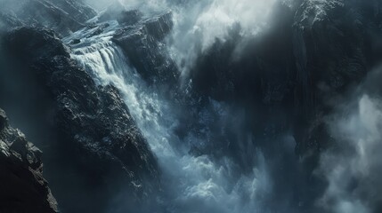 Fototapeta premium Gravity-defying waterfall cascades sideways across a rock face, with mist and vapor swirling as the water defies all natural expectations.
