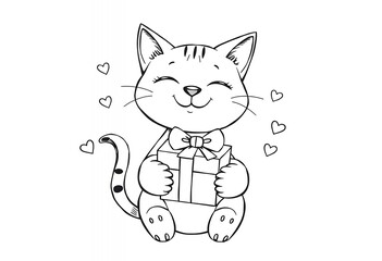 Obraz premium Cute Cat Holding Gift with Hearts Illustration Coloring Page