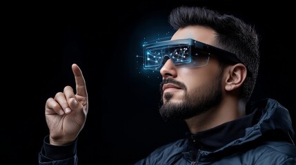 Man Navigating Augmented Reality: A close-up shot of a man wearing futuristic augmented reality glasses, his face filled with curiosity and wonder as he interacts with the digital world.