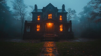 A haunted house with eerie lights and cobweb-covered windows