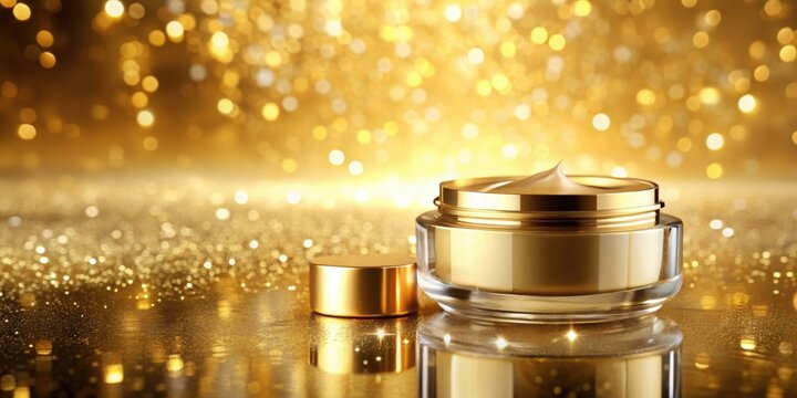 Golden skincare product on a gold background, ideal for a luxurious spa experience and organic beauty routine, face cream