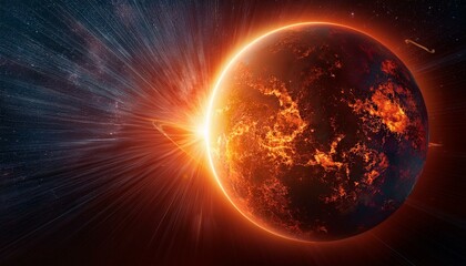 Fototapeta premium A red glowing planet engulf in flame with the ozone layer flaring and burning; a destruction of a planet in the outer space; a planet destruction and explosion from the outer space; apocalyptic scene