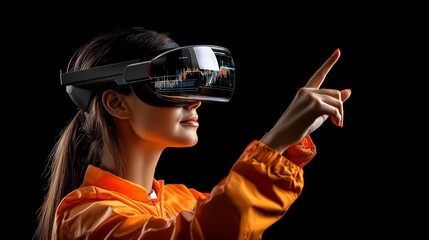 Woman Exploring Metaverse: A young woman wearing a VR headset interacts with a virtual world, her finger pointing towards a digital interface. The image is set against a stark black background.