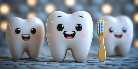 Cute Cartoon Teeth with Happy Expressions and Toothbrush