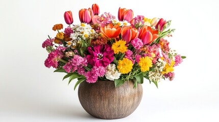 Fototapeta premium Colorful mixed bouquet with tulips, daisies, and carnations in a rustic wooden vase on a plain white background.