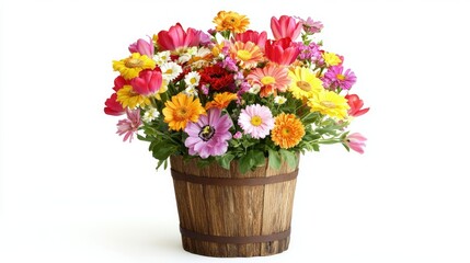 Fototapeta premium Colorful mixed bouquet with tulips, daisies, and carnations in a rustic wooden vase on a plain white background.