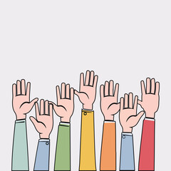 Fototapeta premium Set of people raised hands, open hands up of different types colors, diversity people multiethnic race and community concept, Teamwork, collaboration, voting, volunteering concert, protest.Flat style 