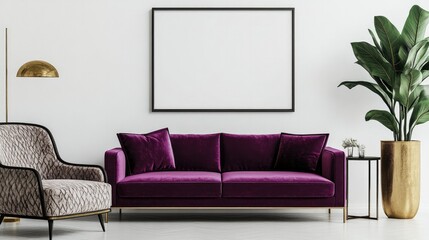 Cozy living room with a vibrant purple sofa, a sleek armchair, and a blank poster frame on a white background wall.