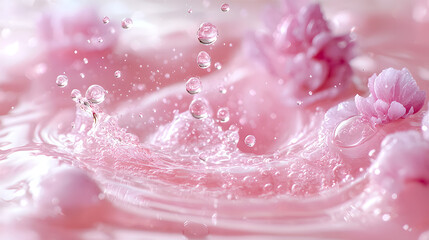 Soft Pink Water Splash with Flowers and Bubbles