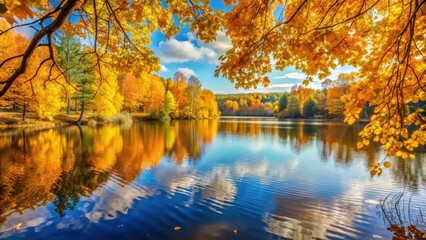 Autumn foliage in vibrant shades of yellow surrounding a peaceful lake , Autumn, yellow, forest, lake, foliage, trees