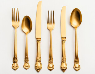 golden set of spoon, fork and knife on white background