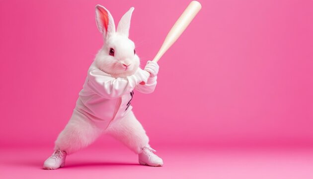 a white rabbit playing baseball , holding a bat on a pink background 
