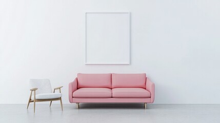 Light pink sofa paired with a minimalist armchair and a blank poster frame on a white wall, embodying Scandinavian style.
