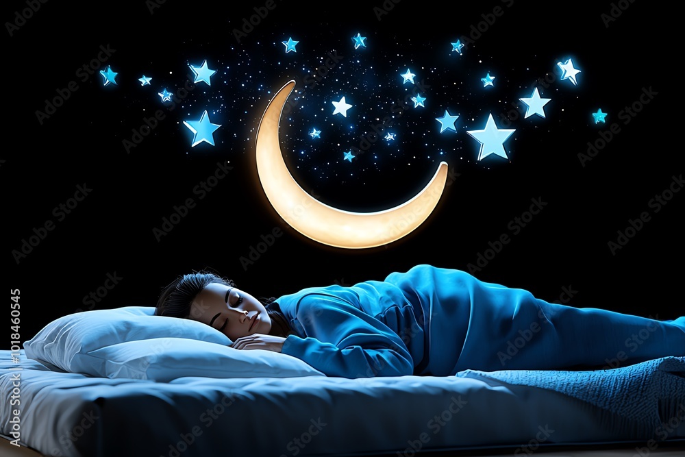 Poster 3d model of a person sleeping peacefully under a glowing moon, with a realistic digital night sky fi