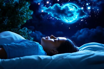 3D model of a person sleeping peacefully under a glowing moon, with a realistic digital night sky filled with stars floating above their bed, representing the connection between digital technology
