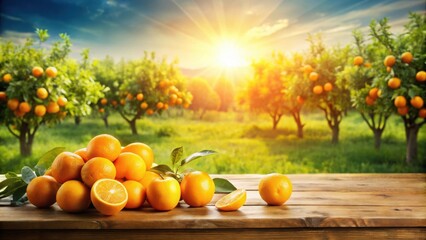 Fresh Oranges on a Wooden Table in a Lush Citrus Orchard at Sunset