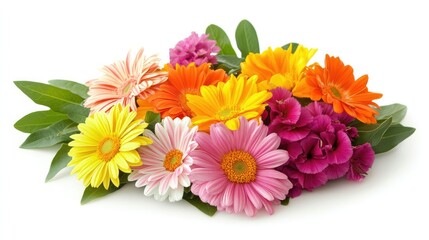 Mixed bouquet of daisies, lilies, and carnations, with bright colors and green leaves, laid on a white background.