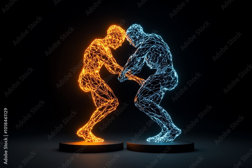 Poster 3d-rendered depiction of two intertwined figures, one glowing with light and the other in deep shado