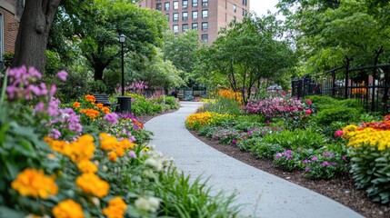 A park path lined with colorful flowers, inviting city residents to explore and enjoy the beauty of nature in their environment