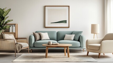 Fototapeta premium Modern living room setup with a pastel blue sofa, a beige armchair, and a clean white background wall featuring a framed poster.