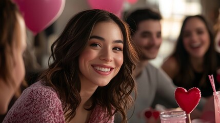 A young woman smiles brightly at the camera while sitting with her friends at a Valentine's Day party. happy sweetest day, happy valentines day