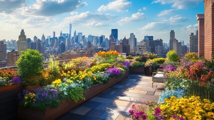 Fototapeta premium A rooftop garden filled with colorful flowers overlooking a sprawling city skyline, merging nature with urban life