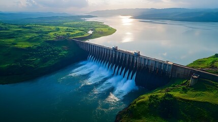 Majestic dam standing tall holding back a vast shimmering reservoir of water epitomizing the balance between human control and the harnessing of water s power for energy and development