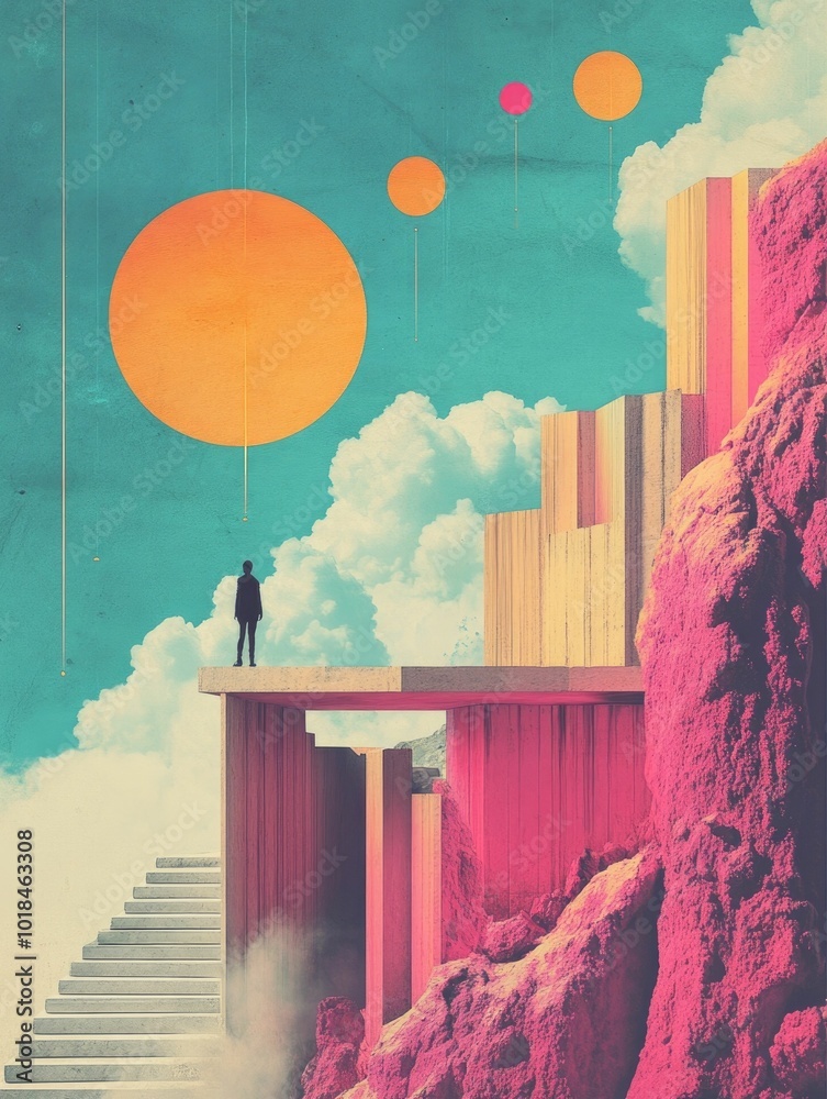 Poster surreal and dreamlike landscape scene featuring floating spherical objects and bold symbolic element