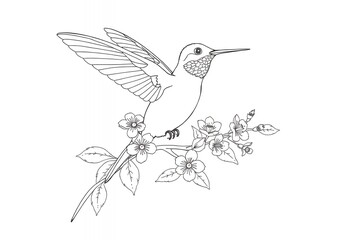 Fototapeta premium Hummingbird Perched on Branch with Flowers Line Art Illustration
