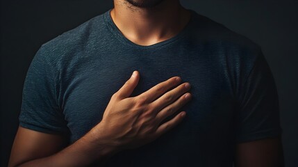A person standing solemnly with their hand placed over their heart making a symbolic gesture of a pledge promise or solemn commitment  This image conveys the concepts of allegiance integrity
