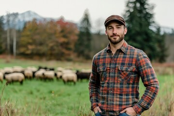 Fototapeta premium A Young Man Wearing a Plaid Shirt Stands in a Field with Sheep in the Background