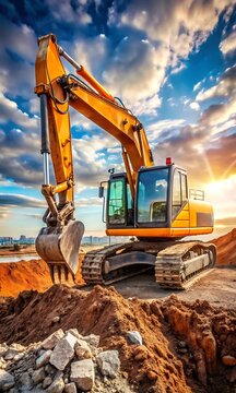 Excavadora Trabajando en un Sitio de Construcci&oacute;n con Maquinaria Pesada

