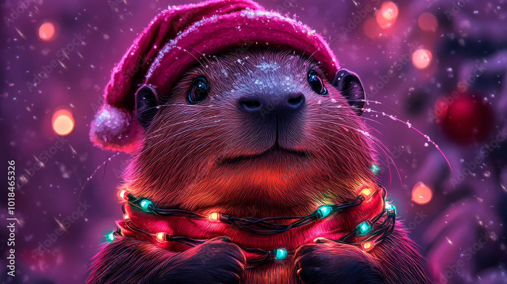 Wall mural capybara wearing christmas hat with christmas colorful lights on purple gradient background.