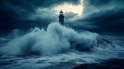 Dramatic seascape showing powerful ocean waves crashing against a sturdy lighthouse standing firm against the raging storm