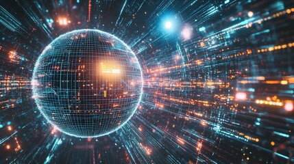 Obraz premium A futuristic digital sphere surrounded by glowing lines and particles, depicting concepts of technology, data, and connectivity.