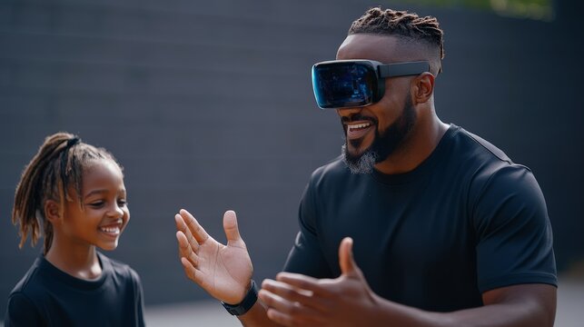 Father and Daughter Exploring VR: A joyful Black father and daughter share a virtual reality experience, their smiles reflecting wonder and connection.
